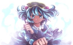 Rule 34 | 1girl, blue eyes, blue hair, dress, dual wielding, hair bobbles, hair ornament, hat, hikage, holding, kawashiro nitori, long sleeves, looking at viewer, matching hair/eyes, serious, shirt, short hair, solo, touhou, twintails, two side up, upper body, wrench