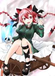 Rule 34 | 1girl, :d, animal ears, ashigaruk, ball, bow, braid, cat ears, hair bow, hand up, highres, hitodama, kaenbyou rin, looking at viewer, nail polish, open mouth, red hair, red nails, skull, smile, solo, touhou, twin braids, wheelbarrow