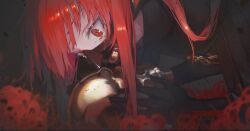 Rule 34 | 1boy, black bodysuit, bodysuit, close-up, crying, crying with eyes open, dark background, fate/grand order, fate (series), flower, long hair, male focus, mask, oda nobukatsu (fate), ota (ota-0000), red eyes, red flower, red hair, skull, solo, spider lily, tears