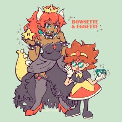 Rule 34 | 2girls, absurdres, alternate hair color, armlet, artist name, black dress, black footwear, black legwear, black nails, bowsette, bracelet, breasts, chaos emerald, character name, cleavage, collar, crossover, crown, dark-skinned female, dark skin, dress, eggette, glasses, gloves, green background, height difference, high heels, highres, horns, jewelry, looking at viewer, looking back, mario (series), medium breasts, multiple girls, nail polish, new super mario bros. u deluxe, nintendo, open mouth, pointy ears, ponytail, puffy short sleeves, puffy sleeves, red footwear, red hair, sendoki, sharp teeth, short sleeves, simple background, smile, sonic (series), sonic mania, sonic the hedgehog, spiked armlet, spiked bracelet, spiked collar, spiked tail, spikes, star (symbol), strapless, strapless dress, super crown, tail, teeth, tiara, white gloves