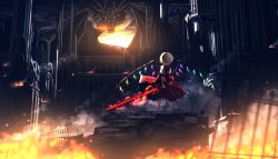 Rule 34 | 1girl, blonde hair, breath weapon, breathing fire, castle, dragon, fence, fire, flandre scarlet, from behind, highres, laevatein, revision, ryosios, short hair, smoke, standing, sword, touhou, weapon, wings