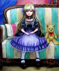 Rule 34 | 1girl, black footwear, blonde hair, bracelet, child, couch, doll joints, dress, green eyes, hair ribbon, jewelry, joints, long hair, mary janes, oil painting (medium), original, painting (medium), pantyhose, patterned upholstery, realistic, resized, revision, ribbon, shoes, solo, striped upholstery, stuffed animal, stuffed toy, tafuto, teddy bear, traditional media, white pantyhose