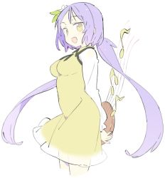 Rule 34 | 1girl, arms behind back, beamed eighth notes, breasts, commentary request, cowboy shot, cropped legs, dress, eighth note, flower, hair flower, hair ornament, highres, holding, kt kkz, long hair, looking at viewer, medium breasts, musical note, one-hour drawing challenge, open mouth, purple hair, shirt, simple background, solo, touhou, tsukumo benben, twintails, white background, white shirt, yellow dress, yellow eyes
