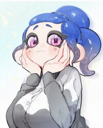 1girl blue_hair breasts button_gap buttons collared_shirt doro_mizu_831 hands_on_own_face highres long_sleeves looking_at_viewer nintendo octoling octoling_girl octoling_player_character pink_eyes ponytail shirt short_hair smile solo solo_focus splatoon_(series) tentacle_hair waka-chan_(doro_mizu_831)