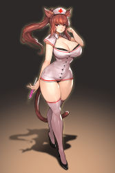 Rule 34 | 1girl, absurdres, animal ears, bare arms, black bra, black panties, bra, breasts, brown hair, buttons, cat ears, cat girl, cat tail, cleavage, closed mouth, commentary request, commission, curvy, facial mark, final fantasy, final fantasy xiv, full body, gradient background, gurimjang, hat, high heels, high ponytail, highres, holding, huge breasts, large breasts, lips, looking to the side, miqo&#039;te, needle, nurse, nurse cap, panties, pixiv commission, red eyes, revealing clothes, see-through, shadow, shiny skin, short sleeves, shrug (clothing), simple background, solo, standing, tail, thighhighs, thighs, underwear, warrior of light (ff14), whisker markings, white thighhighs, wide hips