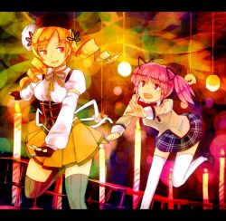 Rule 34 | 10s, 2girls, bad id, bad pixiv id, beret, blonde hair, breasts, candle, drill hair, fingerless gloves, gloves, hair ornament, hair ribbon, hat, highres, kaname madoka, letterboxed, magical girl, mahou shoujo madoka magica, mahou shoujo madoka magica (anime), medium breasts, multiple girls, nosuku, pink eyes, pink hair, plaid, plaid skirt, pleated skirt, puffy sleeves, ribbon, school uniform, skirt, small breasts, thighhighs, tomoe mami, yellow eyes, zettai ryouiki