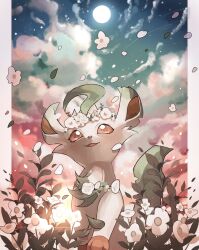 Rule 34 | animal focus, brown eyes, cloud, commentary request, creatures (company), falling petals, flower, from below, game freak, gen 4 pokemon, head wreath, highres, leaf, leafeon, moon, night, night sky, nintendo, no humans, open mouth, petals, pillarboxed, pokemon, pokemon (creature), reo (mmocc123), sky, solo, white flower, white fur