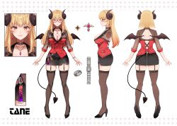 Rule 34 | absurdres, blonde hair, breasts, choker, demon girl, demon horns, demon tail, demon wings, earrings, glasses, high heels, highres, horns, indie virtual youtuber, jewelry, large breasts, long hair, nail polish, necklace, non-web source, office lady, pantyhose, tail, tane tenshi, virtual youtuber, wings