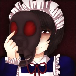 Rule 34 | .flow, 1girl, bad id, bad pixiv id, bags under eyes, brown eyes, brown hair, gas mask, holding, looking at viewer, maid, maid (.flow), maid headdress, mask, neck ribbon, portrait, ribbon, smile, solo