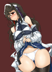 Rule 34 | 1girl, angela (lord of vermilion iii), black hair, blue eyes, blush, clothes lift, detached sleeves, dutch angle, hairband, heterochromia, highres, long hair, lord of vermilion, lord of vermilion iii, mole, momio, navel, panties, red eyes, skirt, skirt lift, solo, thick thighs, thigh gap, thighhighs, thighs, underwear, upskirt, wide hips