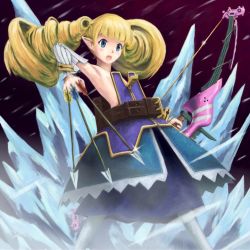 Rule 34 | archer (disgaea), arrow (projectile), belt, between fingers, blonde hair, blue eyes, blush, bow (weapon), crystal, demon girl, detached sleeves, disgaea, dress, drill hair, flat chest, holding, holding bow (weapon), holding weapon, ice, long hair, makai senki disgaea 2, makai senki disgaea 3, pointy ears, skirt, snow, solo, tamazen, twintails, weapon, zipper