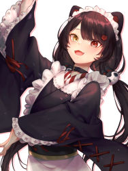 Rule 34 | 1girl, :3, :d, animal ears, black hair, collar, commentary, dog ears, dog hair ornament, fangs, flower, hair flower, hair ornament, heterochromia, highres, inui toko, long hair, long sleeves, looking at viewer, low twintails, maid, maid headdress, nanayorik (kiula moeta), nijisanji, open mouth, red eyes, simple background, skin fangs, smile, solo, symbol-only commentary, twintails, upper body, virtual youtuber, wa maid, white background, yellow eyes