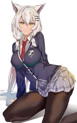 Rule 34 | 1girl, absurdres, animal ears, bad id, bad twitter id, black jacket, blonde hair, blue hair, brown pantyhose, cat ears, closed mouth, collared shirt, colored inner hair, copyright request, e sky rugo, girls&#039; frontline, grey skirt, highres, jacket, long hair, long sleeves, looking at viewer, low twintails, m590 (recreation after school) (girls&#039; frontline), miniskirt, multicolored hair, necktie, official alternate costume, orange eyes, pantyhose, pleated skirt, red necktie, revision, sanpaku, shirt, simple background, skirt, smile, solo, twintails, white background, white shirt, wing collar