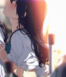 Rule 34 | 1boy, 1girl, black hair, blush, brown eyes, close-up, commentary, english commentary, from side, highres, lens flare, looking up, ogipote, original, school uniform, serafuku, shirt grab, solo focus