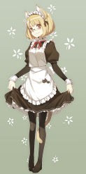 Rule 34 | 1girl, animal ears, apron, black pantyhose, blonde hair, bunbun, cat ears, cat tail, clothes lift, glasses, juliet sleeves, long sleeves, maid, maid apron, maid headdress, original, pantyhose, pigeon-toed, puffy sleeves, short hair, skirt, skirt lift, smile, solo, standing, tail