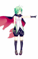 Rule 34 | 1girl, adapted costume, antennae, baggy shorts, bare arms, black gloves, cape, gloves, green eyes, green hair, kneehighs, matching hair/eyes, meng xiao jiong, pointing, pointing forward, puffy shorts, shirt, short hair, shorts, sleeveless, sleeveless shirt, socks, solo, touhou, wriggle nightbug