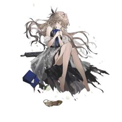 Rule 34 | 1girl, bag, bare legs, bare shoulders, barefoot, belt, black belt, black dress, blonde hair, blue bow, blue bowtie, bow, bowtie, breasts, closed eyes, closed mouth, cosmetics, dress, flower, girls&#039; frontline, gun, hair flower, hair ornament, hand on hand, lipstick tube, long hair, medium breasts, mole, mole under eye, official art, petals, rose, shoes, sitting, solo, sp9 (girls&#039; frontline), sp9 (slumbering starry dream) (girls&#039; frontline), stribog sp9, submachine gun, toes, torn clothes, torn dress, transparent background, unworn bag, unworn shoe, unworn shoes, weapon, white dress, white flower, white rose, youamo