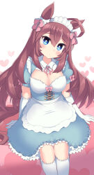 Rule 34 | 1girl, absurdres, ahoge, alternate costume, animal ears, apron, blue dress, blue eyes, blush, breasts, brown hair, cleavage, dress, elbow gloves, enmaided, frilled dress, frills, gloves, head tilt, heart, highres, horse ears, horse girl, horse tail, kneehighs, large breasts, long hair, looking at viewer, maid, maid apron, maid headdress, mihono bourbon (umamusume), puffy short sleeves, puffy sleeves, short sleeves, simoyuki, simple background, sitting, socks, solo, tail, umamusume, very long hair, white background, white gloves, white socks