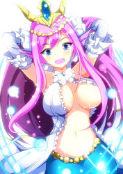 Rule 34 | 1girl, armpits, arms behind head, arms up, bead band, beads, blue eyes, blush, breasts, cleavage, elbow gloves, fins, fish tail, frilled gloves, frills, gloves, head fins, jewelry, large breasts, long hair, lots of jewelry, mermaid, merry (diameri), midriff, monster girl, navel, open mouth, purple hair, puzzle &amp; dragons, raised eyebrows, simple background, siren (p&amp;d), solo, tail, tiara, white background, white gloves