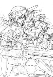 Rule 34 | 1girl, commentary request, dust cloud, frame arms, frame arms girl, gourai, gourai (frame arms), greyscale, gun, headgear, highres, kumichou (ef65-1118-ef81-95), looking away, mecha, mecha musume, monochrome, rifle, robot, short hair, shoulder cannon, sketch, traditional media, weapon