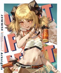 Rule 34 | 1girl, :d, arknights, bare arms, bare shoulders, bikini, blonde hair, breasts, c-ji yingxiong beizi, chinese commentary, commentary request, horns, ifrit (arknights), ifrit (sunburn) (arknights), looking at viewer, low twintails, material growth, navel, open mouth, oripathy lesion (arknights), short hair, small breasts, smile, solo, stomach, swimsuit, twintails, upper body, white bikini, yellow eyes