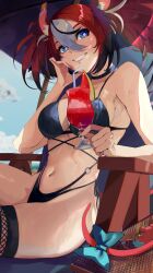Rule 34 | 1girl, absurdres, animal ears, bikini, black bikini, black hair, blue eyes, bow, chair, cup, drinking straw, hakos baelz, highres, holding, holding cup, hololive, hololive english, looking at viewer, lounge chair, mouse ears, mouse girl, mouse tail, moyomo, mr. squeaks (hakos baelz), multicolored hair, navel, outdoors, red hair, sitting, smile, streaked hair, swimsuit, tail, tail bow, tail ornament, twintails, virtual youtuber, white hair