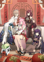 Rule 34 | 4girls, absurdres, ahoge, android, aponia (honkai impact), black footwear, blue eyes, breasts, brown hair, chair, china dress, chinese clothes, chinese new year, cleavage, cleavage cutout, closed mouth, clothing cutout, curtains, dress, eden (honkai impact), elf, elysia (honkai impact), full body, gloves, hair between eyes, high heels, highres, honkai (series), honkai impact 3rd, horns, indoors, large breasts, long hair, looking at viewer, multiple girls, pointy ears, purple dress, purple eyes, purple gloves, purple hair, purple thighhighs, raiden mei, raiden mei (herrscher of thunder), shoe soles, sitting, smile, thighhighs, white dress, white thighhighs, yukari (user tsrs4747)