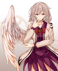 Rule 34 | 1girl, arms up, bow, bowtie, breasts, cowboy shot, dress, elbow rest, expressionless, fingers to chin, gears, gradient background, grey background, hair between eyes, hand on own chin, highres, jacket, kishin sagume, long sleeves, looking at viewer, medium breasts, messy hair, open clothes, open jacket, purple dress, red bow, red bowtie, red eyes, ri cochet, short hair, silver hair, simple background, single wing, solo, standing, touhou, wings