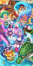 Rule 34 | 3boys, 6+girls, absurdres, ahri (league of legends), animal ears, ball, beach chair, beachball, bikini, bird, black hair, blue eyes, blue hair, bow, breasts, brown eyes, bubble, blowing bubbles, caitlyn (league of legends), chewing gum, citemer, cleavage, closed eyes, coconut, colored skin, crab, cup, drinking glass, drinking straw, earrings, fangs, fiora (league of legends), flower, fox ears, fox tail, fruit cup, fur, hair flower, hair ornament, hat, heterochromia, highres, hoop earrings, innertube, jacket, jewelry, league of legends, leona (league of legends), light purple hair, lipstick, long hair, lulu (league of legends), lying, makeup, miss fortune (league of legends), multicolored hair, multiple boys, multiple girls, navel, open clothes, open mouth, orange eyes, orange hair, partially submerged, penguin, pink hair, pool, pool party caitlyn, pool party fiora, pool party leona, pool party lulu, pool party miss fortune, pool party renekton, pool party zoe, purple eyes, purple hair, purple skin, red hair, renekton, rubber duck, scarf, scrunchie, slippers, smile, snorkel, staff, streaked hair, sunglasses, swim ring, swimsuit, tail, teemo, tentacles, two-tone hair, unzipped, very long hair, water, yordle, zac (league of legends), zoe (league of legends)