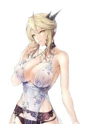 Rule 34 | 1girl, absurdres, artoria pendragon (fate), artoria pendragon (lancer alter) (fate), artoria pendragon (lancer alter) (royal icing) (fate), babydoll, bad id, bad twitter id, bare shoulders, black panties, blonde hair, braid, breasts, choker, cleavage, collarbone, covered navel, craft essence (fate), dark persona, fate/grand order, fate (series), finger to mouth, french braid, garter belt, hair between eyes, hair ornament, highres, hip focus, horns, jewelry, large breasts, limeblock, lingerie, long hair, looking at viewer, necklace, official alternate costume, panties, revealing clothes, see-through, sidelocks, simple background, smile, solo, underwear, white background, yellow eyes