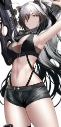 Rule 34 | 1girl, :&lt;, absurdres, an yasuri, animal ear fluff, animal ears, arknights, arm up, armpits, arrow (projectile), bandeau, bare arms, bare shoulders, bikini, bikini top only, black bikini, black hair, black scarf, black shorts, bow (weapon), breasts, cat ears, cleavage, closed mouth, commentary request, cowboy shot, crop top, crossbow, female focus, gradient hair, hand up, highres, holding, holding crossbow, holding weapon, large breasts, long hair, looking at viewer, midriff, multicolored hair, navel, ponytail, quiver, revision, scarf, schwarz (arknights), scope, short shorts, shorts, silver hair, simple background, sleeveless, solo, standing, stomach, swimsuit, thighs, two-tone hair, very long hair, weapon, white background, yellow eyes