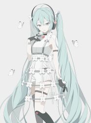 Rule 34 | 1girl, azuki (ckxs7444), black gloves, blue eyes, blue hair, bug, butterfly, commentary, dress, gloves, grey background, hand on own chest, hatsune miku, headphones, highres, insect, long hair, murozaki melody (project sekai), project sekai, simple background, solo, very long hair, vocaloid, white butterfly, white dress