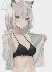 Rule 34 | 1girl, animal ear fluff, animal ears, black bra, blue archive, blue eyes, bra, breasts, bright pupils, cleavage, collarbone, commentary, cross hair ornament, extra ears, grey hair, hair ornament, halo, hands up, highres, higuma29, holding, lace, lace-trimmed bra, lace trim, long sleeves, looking at viewer, medium breasts, medium hair, mismatched pupils, navel, open clothes, open shirt, parted lips, shiroko (blue archive), shirt, sidelocks, simple background, single bare shoulder, solo, stomach, underwear, undressing, upper body, white background, white pupils, white shirt, wolf ears