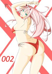 Rule 34 | 10s, 1girl, artist request, ass, bikini, breasts, butt crack, character name, darling in the franxx, dimples of venus, from behind, green eyes, grin, hairband, highres, horns, long hair, looking at viewer, looking back, pink hair, red bikini, shiny skin, side-tie bikini bottom, sideboob, smile, solo, swimsuit, zero two (darling in the franxx)