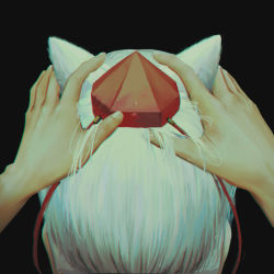 Rule 34 | 1girl, animal ears, behind another, black background, face, fingernails, googerm, hand in another&#039;s hair, hands in hair, hat, inubashiri momiji, pale color, pov, pov hands, shirt, short hair, simple background, sleeveless, sleeveless shirt, solo, tokin hat, touhou, white hair, white shirt, wolf ears