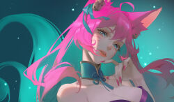 Rule 34 | 1girl, absurdres, ahri (league of legends), animal ears, asami okutoshioku, bell, blue eyes, breasts, cleavage, fingernails, fox ears, fox girl, hair ribbon, highres, league of legends, long hair, looking at viewer, night, night sky, official alternate costume, official alternate hairstyle, outdoors, parted lips, pink hair, pink nails, ribbon, sky, smile, solo, spirit blossom (league of legends), spirit blossom ahri, upper body