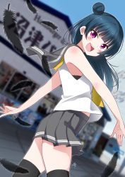 Rule 34 | 1girl, artist name, artist request, bare legs, black feathers, black legwear, blue hair, blue sky, blurry, blurry background, blush, breasts, cloud, collarbone, day, feathers, female focus, floating hair, grey sailor collar, grey skirt, hair bun, highres, long hair, looking at viewer, love live!, love live! sunshine!!, miniskirt, necktie, open mouth, outdoors, outstretched arms, parted lips, pink eyes, plaid, plaid skirt, pleated, pleated skirt, purple eyes, sailor collar, school uniform, shirt, short sleeves, side bun, single hair bun, skirt, sky, small breasts, smile, solo, teeth, tsushima yoshiko, uranohoshi school uniform, white shirt, yellow necktie, zero-theme, zero 0w0