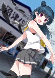 1girl artist_name artist_request bare_legs black_feathers black_legwear blue_hair blue_sky blurry blurry_background blush breasts cloud collarbone day feathers female_focus floating_hair grey_sailor_collar grey_skirt hair_bun highres long_hair looking_at_viewer love_live! love_live!_sunshine!! miniskirt necktie open_mouth outdoors outstretched_arms parted_lips pink_eyes plaid_clothes plaid_skirt pleated pleated_skirt purple_eyes sailor_collar school_uniform shirt short_sleeves side_bun single_hair_bun skirt sky small_breasts smile solo teeth tsushima_yoshiko uranohoshi_school_uniform white_shirt yellow_necktie zero-theme zero_0w0