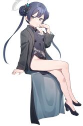Rule 34 | 1girl, bare legs, black dress, black footwear, blue archive, blue hair, breasts, butterfly hair ornament, china dress, chinese clothes, closed mouth, coat, dark blue hair, double bun, dress, grey eyes, hair bun, hair ornament, halo, hand up, high heels, highres, invisible chair, kisaki (blue archive), long hair, long sleeves, looking at viewer, open clothes, open coat, sho bu 1116, side slit, sitting, small breasts, solo, striped, striped coat, twintails