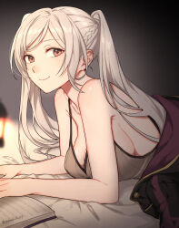 Rule 34 | 1girl, alternate breast size, book, breasts, brown eyes, cleavage, fire emblem, fire emblem awakening, gloves, highres, large breasts, long hair, looking at viewer, lying, nintendo, on stomach, peach11 01, reading, robe, robin (female) (fire emblem), robin (fire emblem), sideboob, smile, solo, tank top, twintails, upper body, white hair