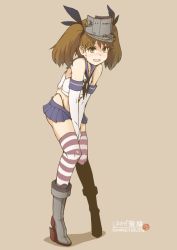 Rule 34 | 1girl, artist name, bikini, boots, brown eyes, brown hair, commentary request, cosplay, crop top, elbow gloves, embarrassed, female focus, full body, gloves, grey footwear, hair ribbon, kantai collection, knees together feet apart, looking at viewer, microskirt, ribbon, ryuujou (kancolle), satomura kyou, shadow, shimakaze (kancolle), shimakaze (kancolle) (cosplay), skirt, skirt tug, solo, standing, sweatdrop, swimsuit, thighhighs, translation request, twintails, visor cap, zettai ryouiki