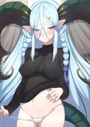 Rule 34 | 1girl, belly grab, blue hair, blush, braid, colored pubic hair, covered erect nipples, eyebrows, fate/grand order, fate (series), female pubic hair, hair ornament, hairclip, highres, horns, jewelry, k jin, long hair, looking at viewer, pointy ears, pregnant, pubic hair, pubic hair peek, ribbed sweater, ring, solo, sweater, symbol-shaped pupils, tail, tiamat (fate)