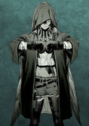 Rule 34 | 1girl, arknights, bandage on face, bandages, belt, black pantyhose, boxing gloves, cloak, crop top, dark-skinned female, dark skin, flint (arknights), green background, green theme, highres, hood, hood up, hooded cloak, id card, long hair, midriff, monochrome, multiple belts, navel, neck tattoo, one eye covered, pantyhose, shorts, solo, star (symbol), takuan (takuanlunch), tattoo, tongue, tongue out, torn clothes, torn pantyhose, very long hair