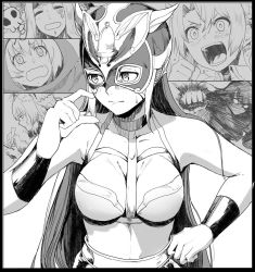 Rule 34 | 5girls, armlet, atalanta (fate), atalanta alter (fate), bare shoulders, blush, bradamante (fate), breasts, choker, collarbone, fang, fate/grand order, fate (series), greyscale, hand on own hip, jaguarman (fate), luchador mask, martha (fate), martha (swimsuit ruler) (fate), martha (swimsuit ruler) (third ascension) (fate), midriff, monochrome, multiple girls, open mouth, punching, quetzalcoatl (fate), skull, sweatdrop, syatey, wavy mouth