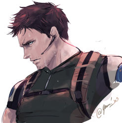 Rule 34 | 1boy, black hair, blouse, blue eyes, chris redfield, facial hair, green shirt, headset, looking at viewer, male focus, muscular, muscular male, parted lips, resident evil, resident evil 5, shirt, short hair, solo, stubble, twitter username, upper body, yumi (soak1111)
