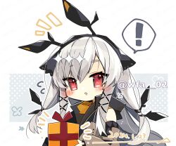 Rule 34 | !, 1girl, arknights, blush, box, commentary request, dated, gift, gift box, grey hair, hair ornament, itsuki 02, long hair, low-tied long hair, notice lines, open mouth, red eyes, sidelocks, solo, speech bubble, spoken exclamation mark, weedy (arknights), x hair ornament
