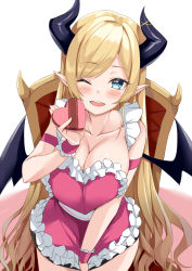 Rule 34 | 1girl, alternate costume, apron, arm strap, bare shoulders, blonde hair, blue eyes, blush, box, breasts, cleavage, collarbone, commentary, cowboy shot, demon horns, demon wings, forehead, frilled apron, frills, happy birthday, heart-shaped box, heart apron, highres, holding, holding box, hololive, horns, kosuke (bb), large breasts, long hair, looking at viewer, naked apron, one eye closed, open mouth, parted bangs, pink apron, pointy ears, simple background, sitting, smile, solo, throne, very long hair, virtual youtuber, white background, wings, wrist cuffs, yuzuki choco