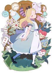 Rule 34 | 1girl, ace (playing card), ace of hearts, alice (alice in wonderland), alice in wonderland, apron, arms at sides, black footwear, black hairband, blonde hair, blue dress, blue flower, card, cheshire cat (alice in wonderland), closed eyes, closed mouth, dress, eyelashes, flower, frilled dress, frills, hairband, heart, highres, nine of hearts, pantyhose, playing card, pocket watch, solo, teapot, tears, tetsu (teppei), three of hearts, vial, walking, watch, white apron, white background, white flower, white pantyhose