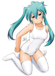 Rule 34 | 1girl, blush, breasts, full body, green eyes, green hair, hatsune miku, kit (studio), kneeling, long hair, looking at viewer, matching hair/eyes, one-piece swimsuit, school swimsuit, small breasts, solo, swimsuit, thighhighs, twintails, vocaloid, white school swimsuit, white one-piece swimsuit