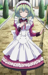 Rule 34 | 1girl, angelina nanatsu sewell, breasts, broom, closed eyes, female focus, green hair, hand on another&#039;s chest, hand on own chest, headdress, highres, maid, maid headdress, mashiroiro symphony, nature, outdoors, plant, screencap, skirt, smile, solo